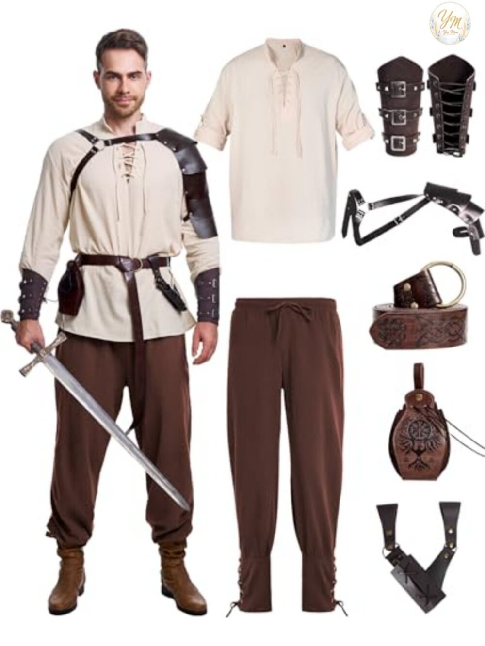 Men's 8 Pc Renaissance Costume Set Medieval Viking Pirate Shirt Pants PU